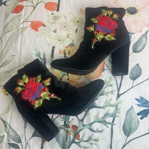 Hot Kiss Patchy black velvet ankle boots with floral embroidery